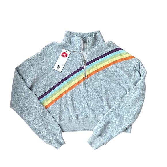 NWT Wildfox Knit Rainbow Cropped Quarter Zip Long Drop Shoulder Sleeve Pullover - Picture 3 of 6